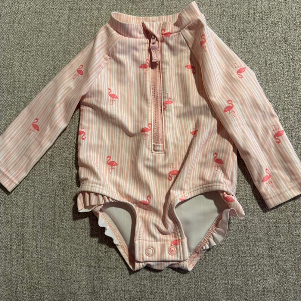 Carter's Pink Striped Flamingo Long-Sleeve One-Piece Swimsuit